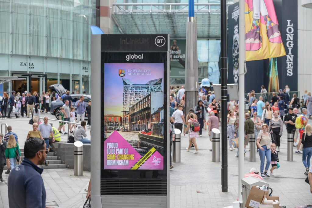 Digital screen advertising the Commonwealth Games in Birmingham Bullring