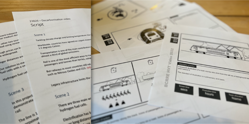 Image of a script and storyboard for the Decarbonisation video